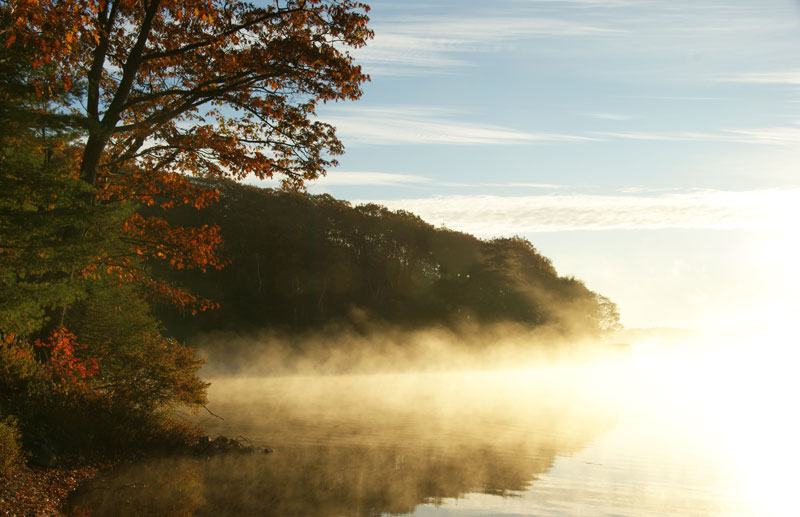 Fog floating off Muskoka lake in Autumn.